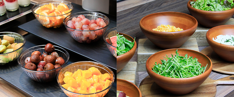 結合日式和西式餐點，色彩繽紛的開胃菜和新鮮沙拉區。
