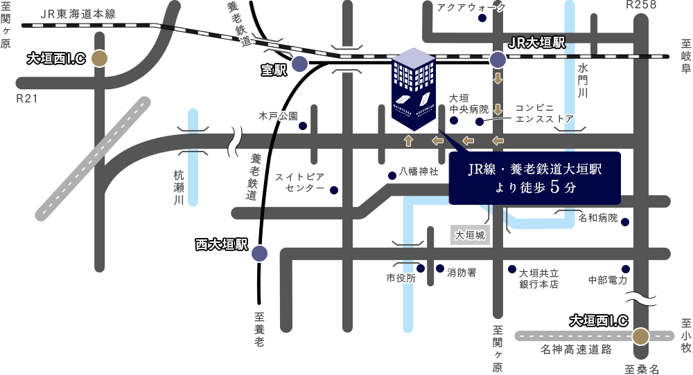 JR大垣駅からのイラストルートマップ